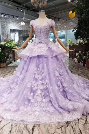 Gorgeous Lilac Ball Gown Short Sleeve Prom Dresses with Long Train