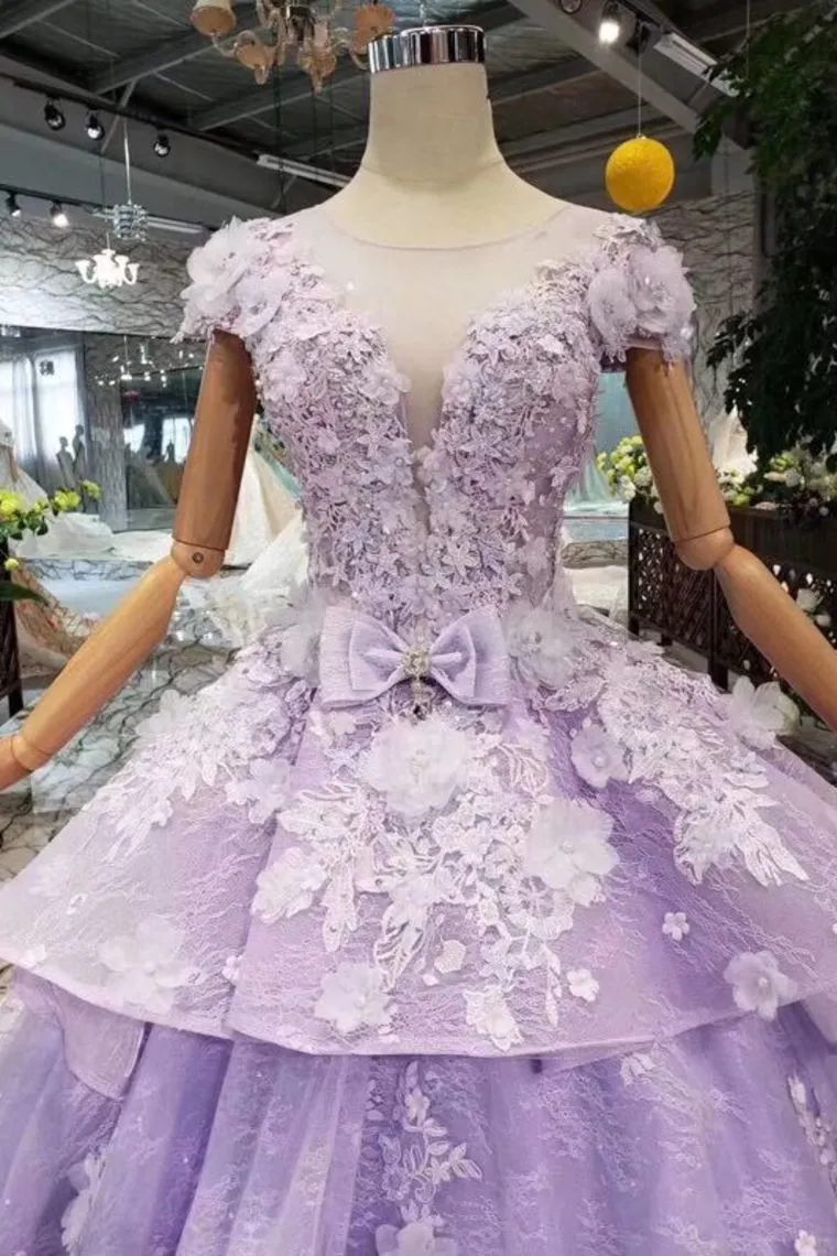 Gorgeous Lilac Ball Gown Short Sleeve Prom Dresses with Long Train