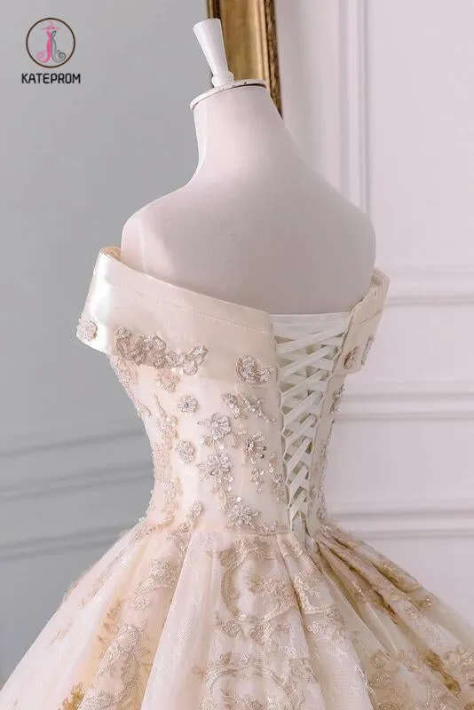 Gorgeous Off the Shoulder Ball Gown Wedding Dress, Long Appliques Bridal Dress KPW0322