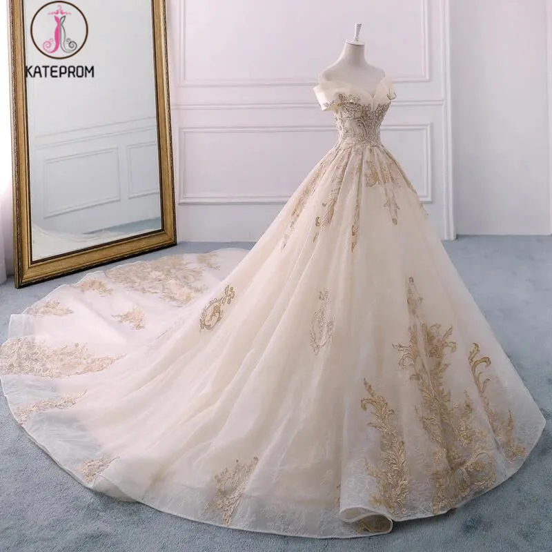 Gorgeous Off the Shoulder Ball Gown Wedding Dress, Long Appliques Bridal Dress KPW0322