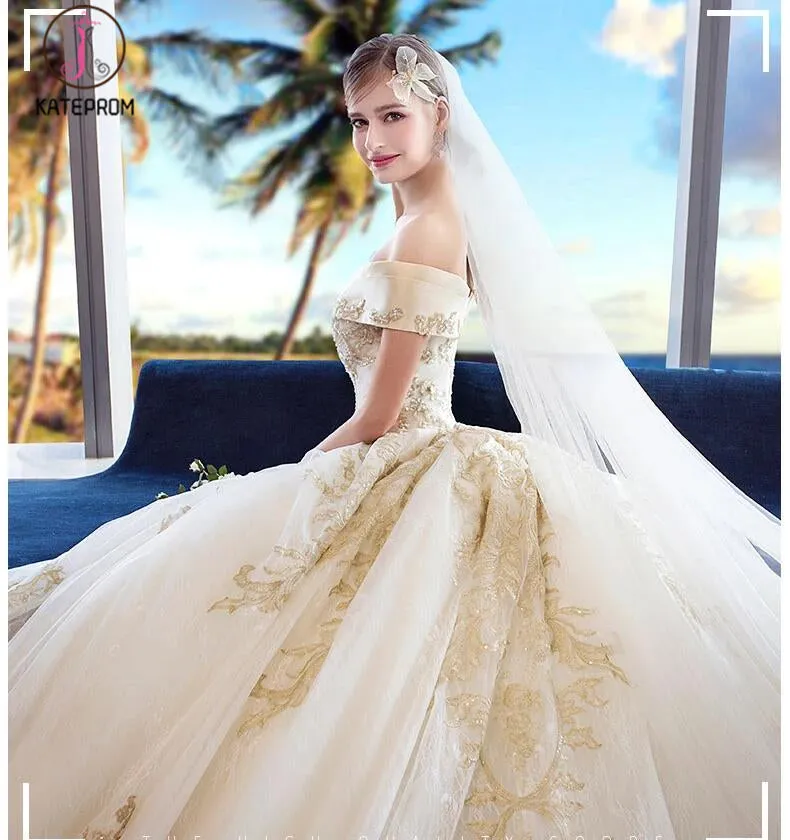 Gorgeous Off the Shoulder Ball Gown Wedding Dress, Long Appliques Bridal Dress KPW0322