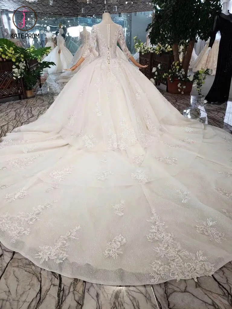 Gorgeous Scoop Ball Gown Wedding Dresses, Sparkly 3/4 Sleeves Wedding Gown KPW0335