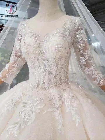 Gorgeous Scoop Ball Gown Wedding Dresses, Sparkly 3/4 Sleeves Wedding Gown KPW0335