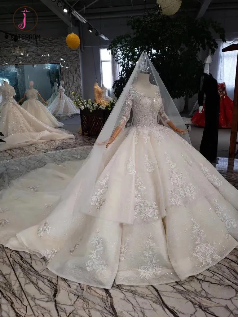 Gorgeous Scoop Ball Gown Wedding Dresses, Sparkly 3/4 Sleeves Wedding Gown KPW0335