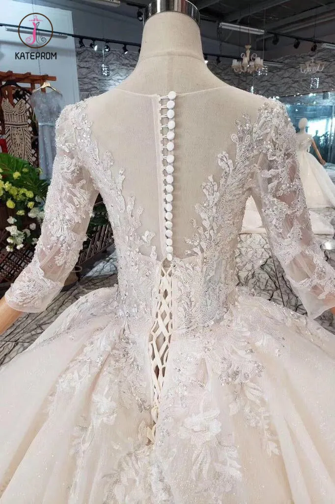 Gorgeous Scoop Ball Gown Wedding Dresses, Sparkly 3/4 Sleeves Wedding Gown KPW0335