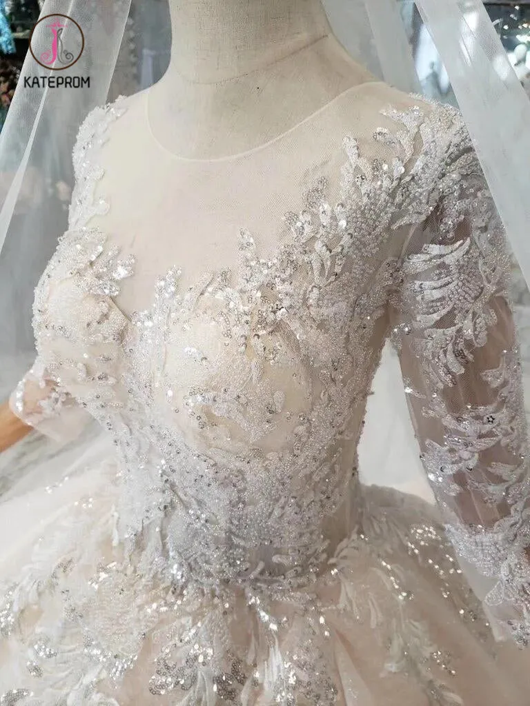 Gorgeous Scoop Ball Gown Wedding Dresses, Sparkly 3/4 Sleeves Wedding Gown KPW0335