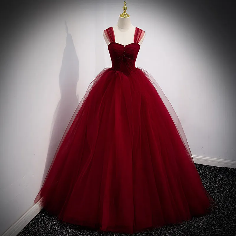 Gorgeous Wine Red Ball Gown Beaded Sweetheart Long Formal Dress, Dark Red Sweet 16 Dresses