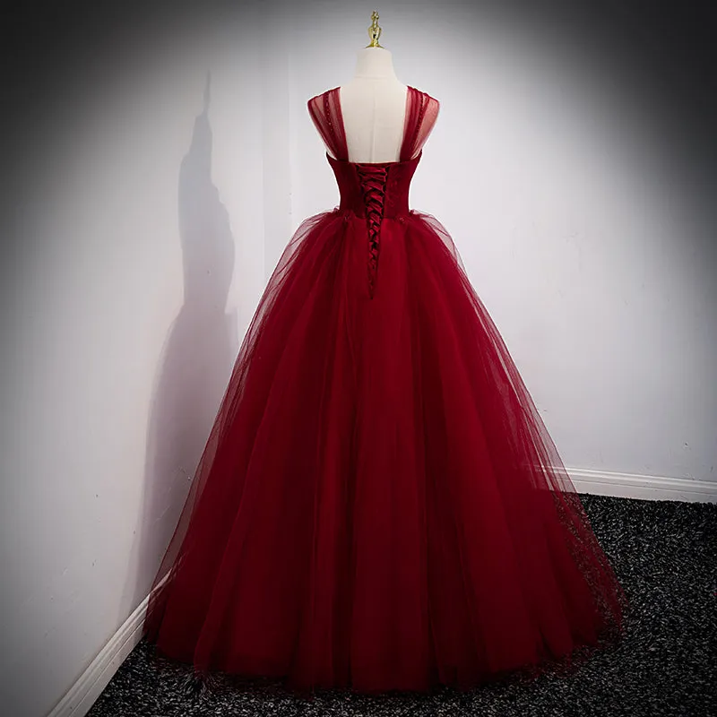 Gorgeous Wine Red Ball Gown Beaded Sweetheart Long Formal Dress, Dark Red Sweet 16 Dresses