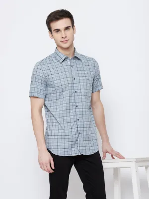 Grey Checked Spread Collar Slim Fit Shirt