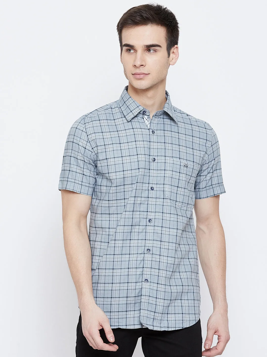 Grey Checked Spread Collar Slim Fit Shirt