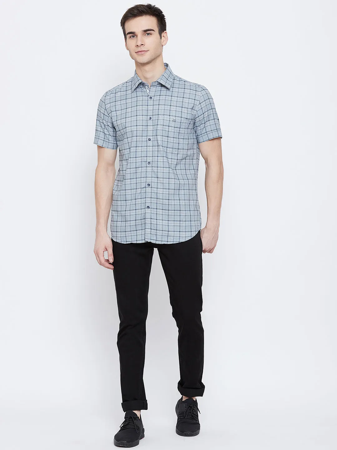 Grey Checked Spread Collar Slim Fit Shirt