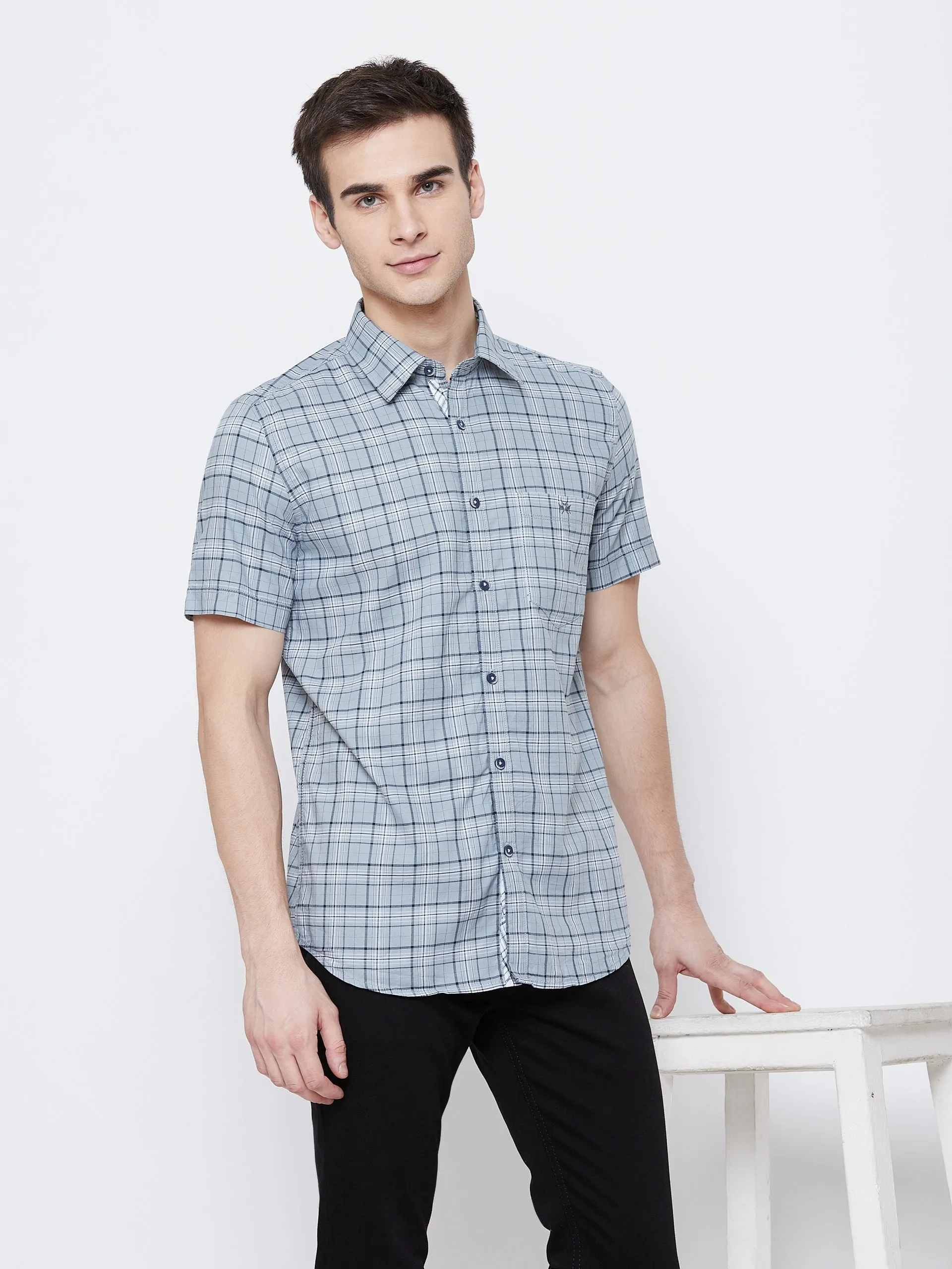 Grey Checked Spread Collar Slim Fit Shirt
