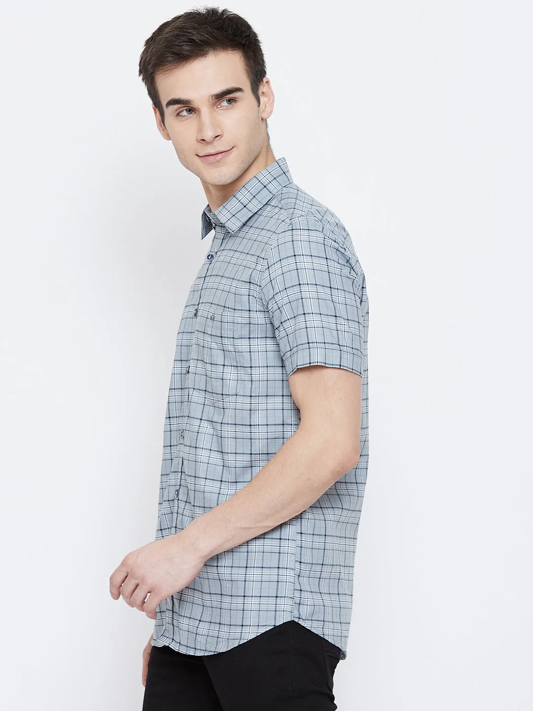 Grey Checked Spread Collar Slim Fit Shirt
