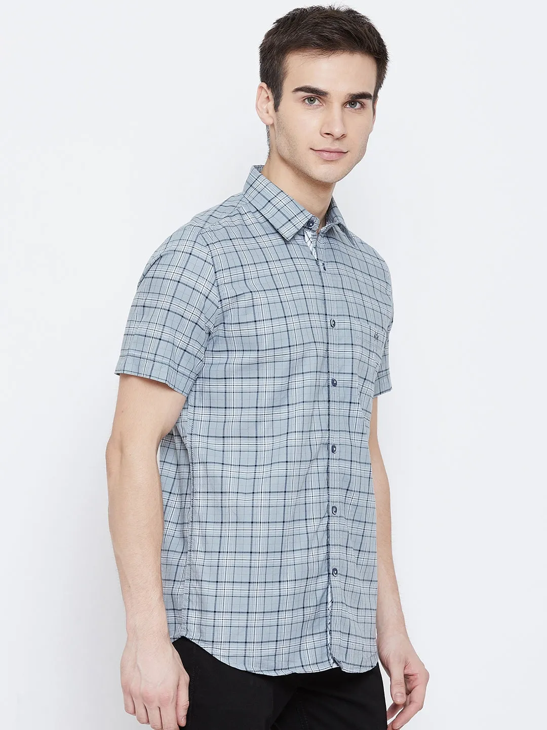 Grey Checked Spread Collar Slim Fit Shirt