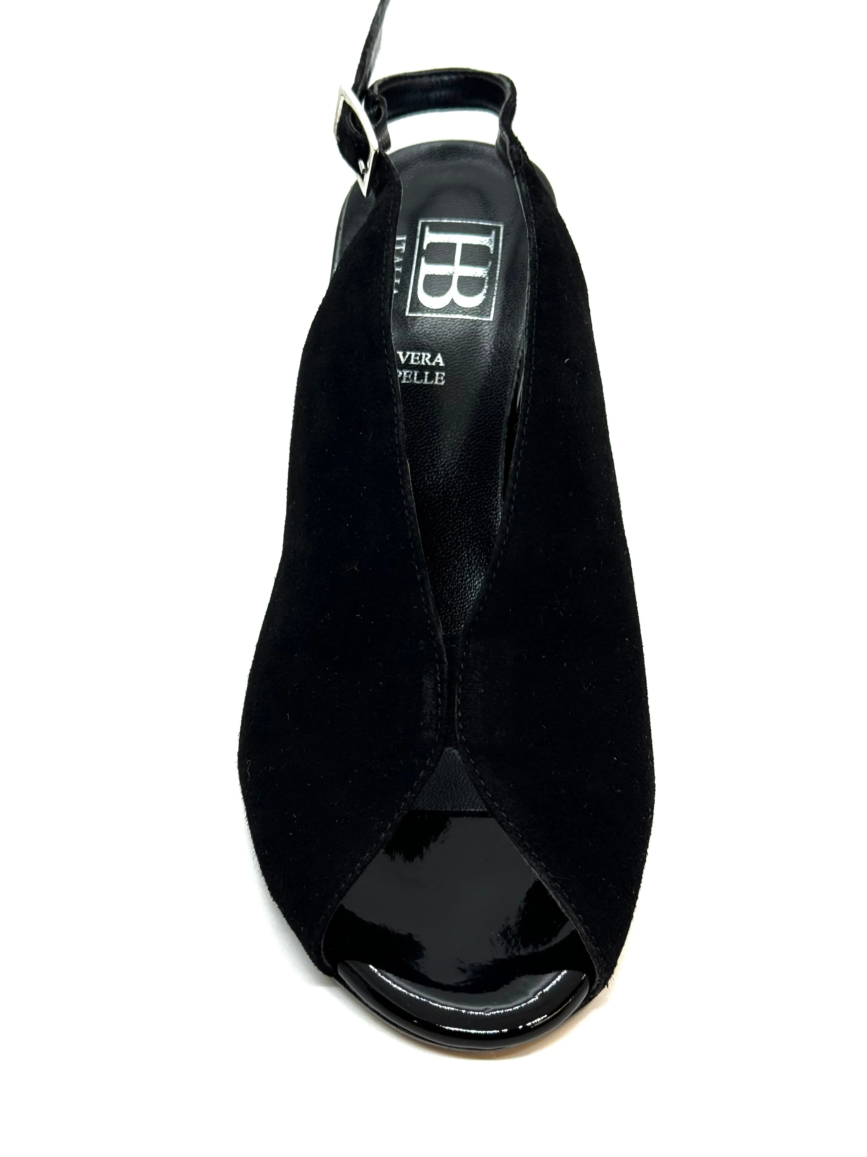 High Block Suede Heel Sandal With Open Toe and Patent Trim