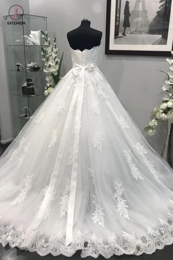 Ivory Strapless Lace Appliques Crystal Beaded Sash Tulle Wedding Dresses Ball Gowns KPW0206