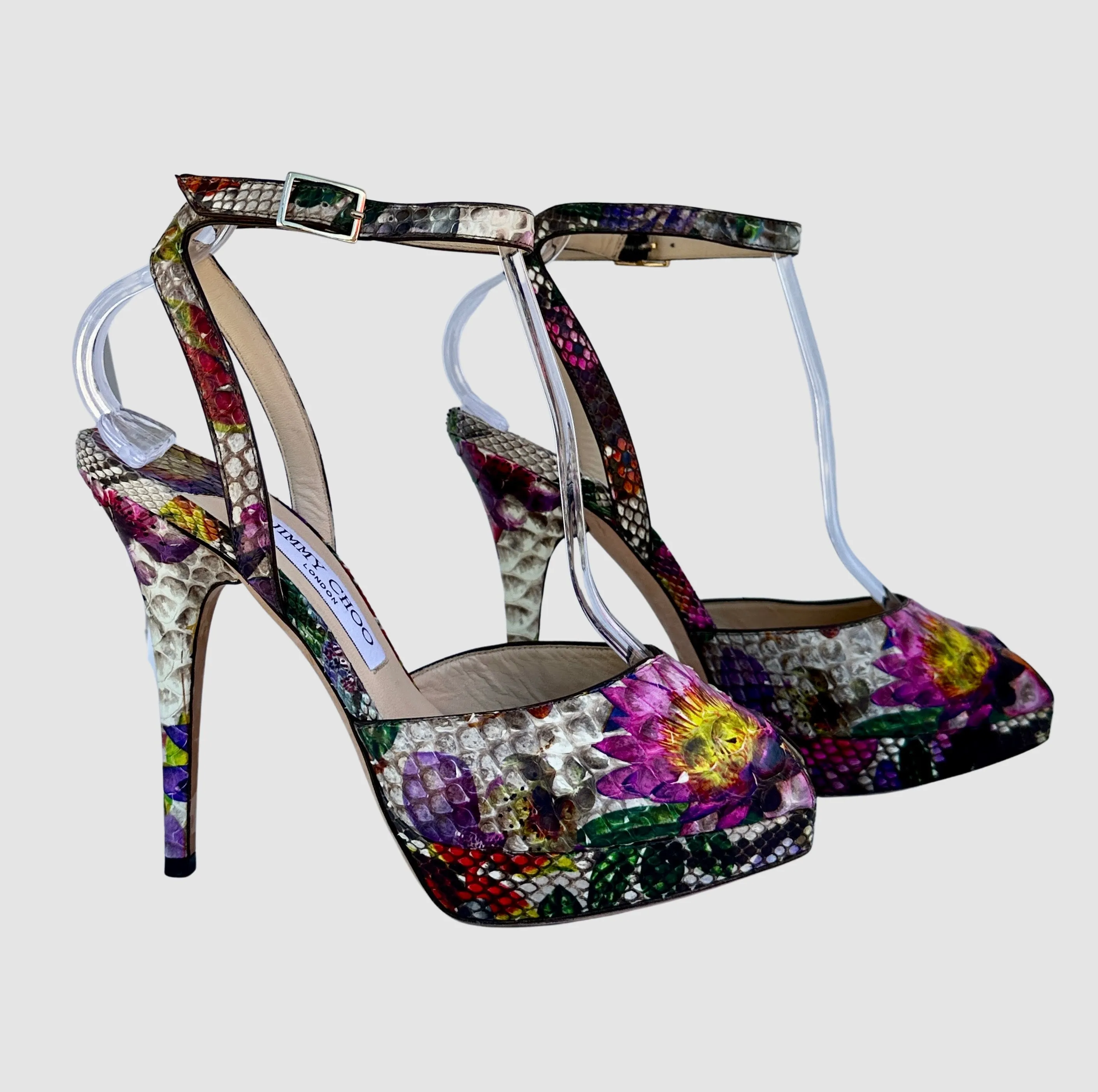 JIMMY CHOO Lola Floral Printed Ankle Strap  Platform Shoes • Size 38