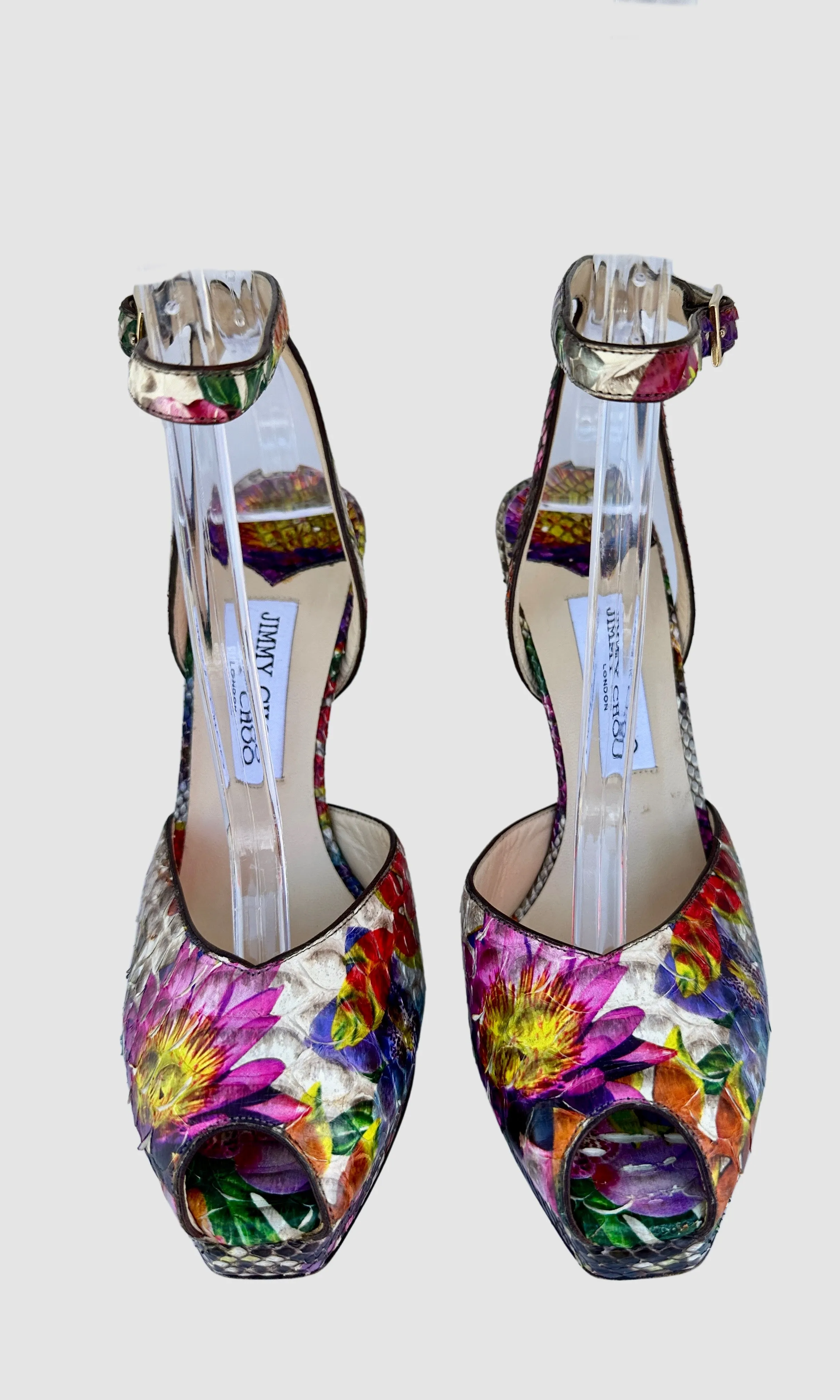 JIMMY CHOO Lola Floral Printed Ankle Strap  Platform Shoes • Size 38