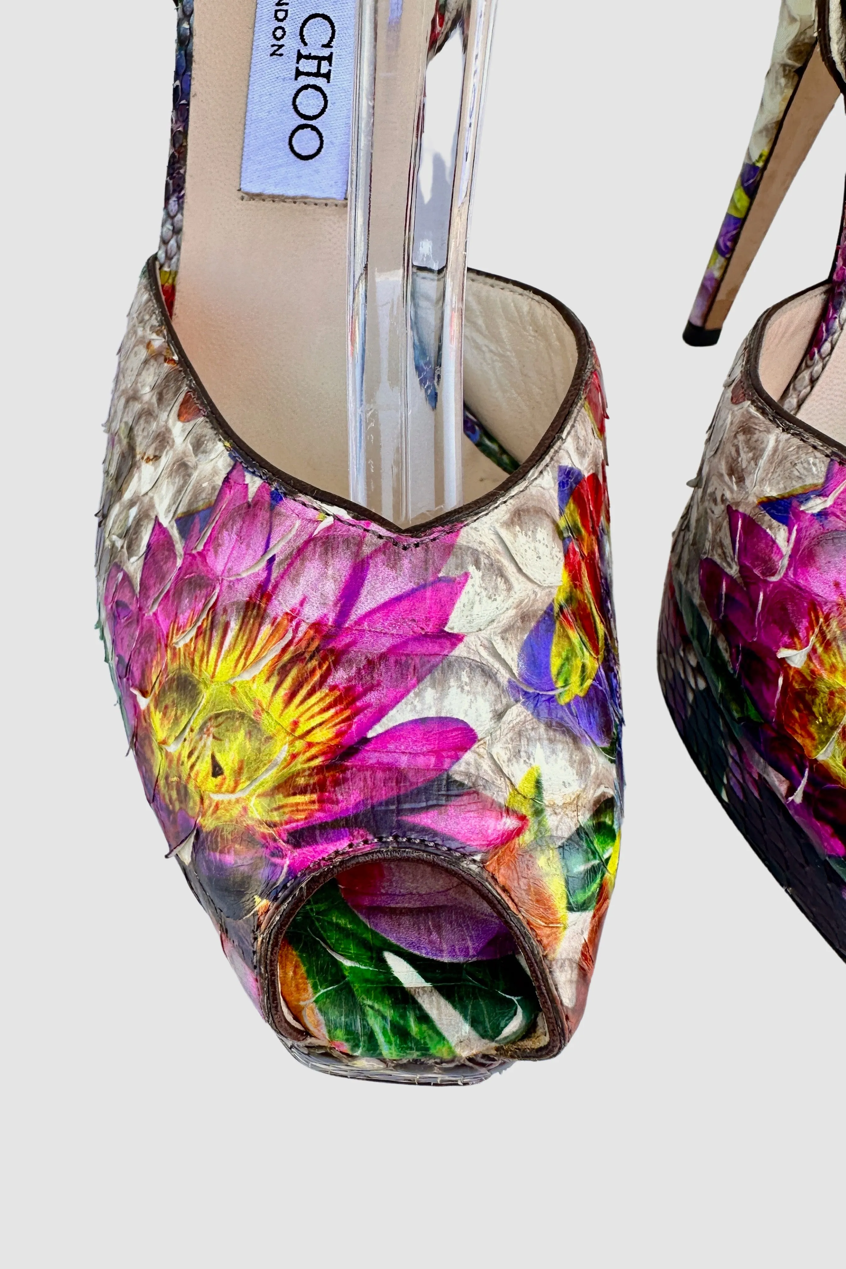 JIMMY CHOO Lola Floral Printed Ankle Strap  Platform Shoes • Size 38