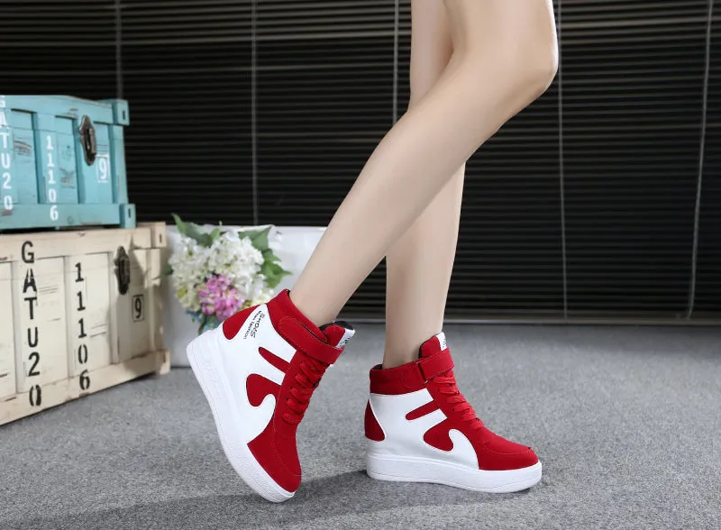 Joskaa NEW Thick Platform Sneakers Casual Lace-Up Wedges High Heel Womens Sport Shoes Outdoor Black Red Platform Vulcanize Shoes Women