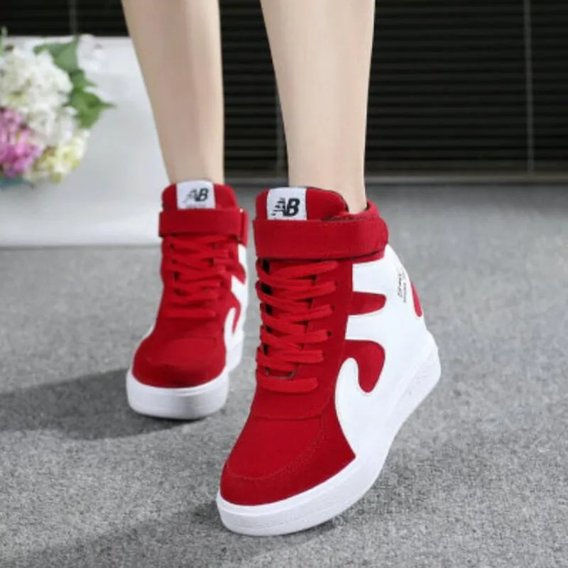 Joskaa NEW Thick Platform Sneakers Casual Lace-Up Wedges High Heel Womens Sport Shoes Outdoor Black Red Platform Vulcanize Shoes Women