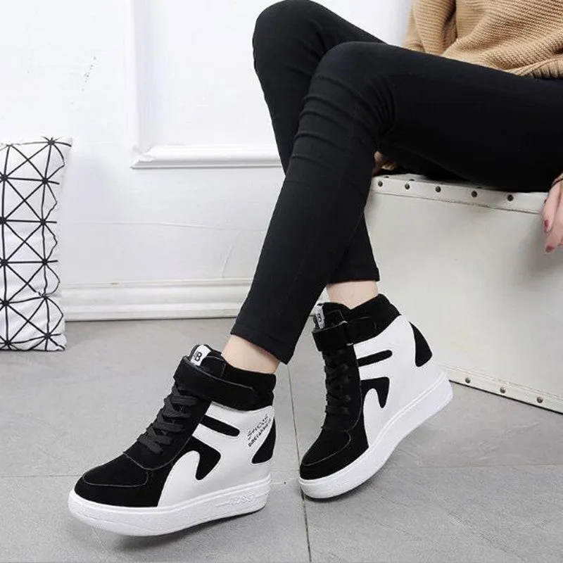 Joskaa NEW Thick Platform Sneakers Casual Lace-Up Wedges High Heel Womens Sport Shoes Outdoor Black Red Platform Vulcanize Shoes Women