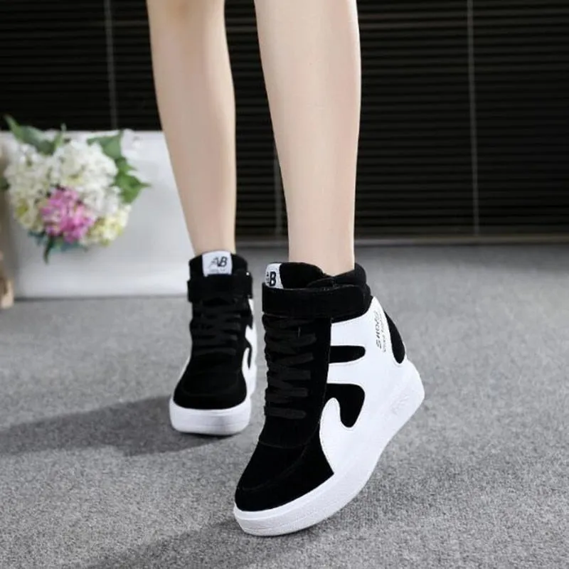 Joskaa NEW Thick Platform Sneakers Casual Lace-Up Wedges High Heel Womens Sport Shoes Outdoor Black Red Platform Vulcanize Shoes Women