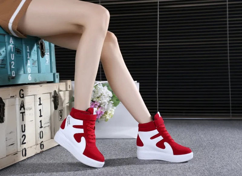 Joskaa NEW Thick Platform Sneakers Casual Lace-Up Wedges High Heel Womens Sport Shoes Outdoor Black Red Platform Vulcanize Shoes Women
