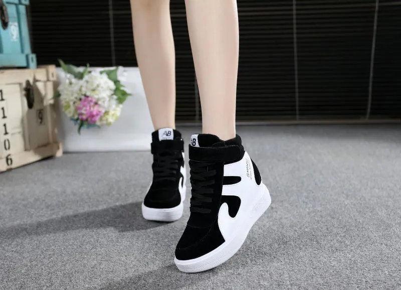 Joskaa NEW Thick Platform Sneakers Casual Lace-Up Wedges High Heel Womens Sport Shoes Outdoor Black Red Platform Vulcanize Shoes Women