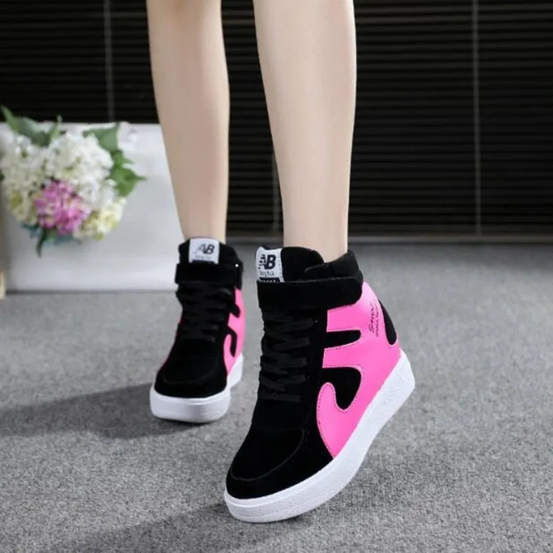 Joskaa NEW Thick Platform Sneakers Casual Lace-Up Wedges High Heel Womens Sport Shoes Outdoor Black Red Platform Vulcanize Shoes Women