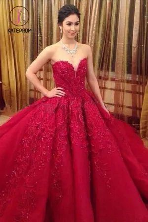 Kateprom Ball Gown Red Sweetheart Tulle Prom Dresses with Appliques, Puffy Quinceanera Dress KPP0995