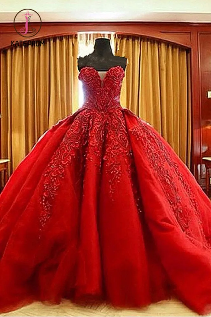 Kateprom Ball Gown Red Sweetheart Tulle Prom Dresses with Appliques, Puffy Quinceanera Dress KPP0995