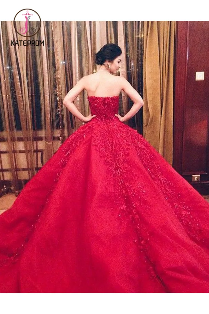 Kateprom Ball Gown Red Sweetheart Tulle Prom Dresses with Appliques, Puffy Quinceanera Dress KPP0995