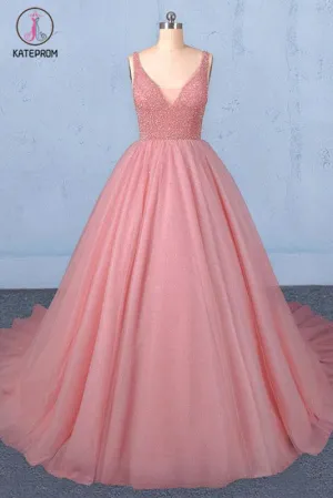 Kateprom Ball Gown V Neck Tulle Prom Dress with Beads, Puffy Sleeveless Quinceanera Dresses KPP1087