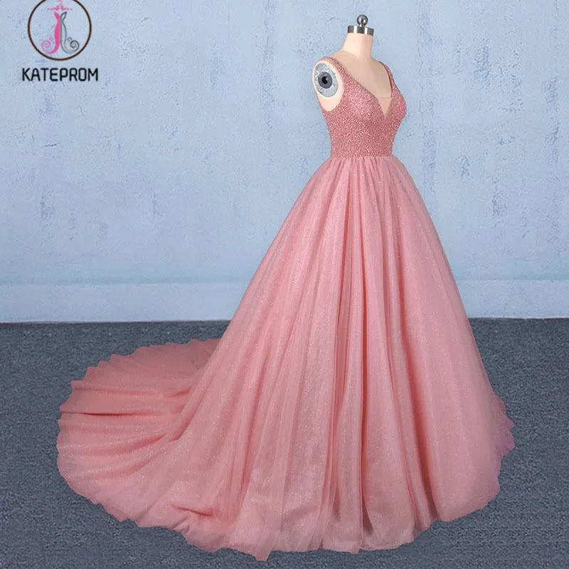 Kateprom Ball Gown V Neck Tulle Prom Dress with Beads, Puffy Sleeveless Quinceanera Dresses KPP1087
