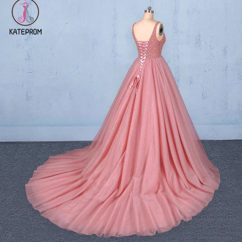 Kateprom Ball Gown V Neck Tulle Prom Dress with Beads, Puffy Sleeveless Quinceanera Dresses KPP1087