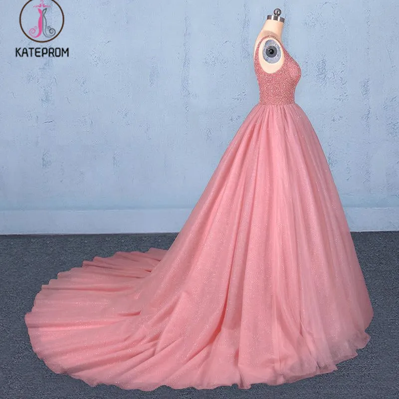 Kateprom Ball Gown V Neck Tulle Prom Dress with Beads, Puffy Sleeveless Quinceanera Dresses KPP1087