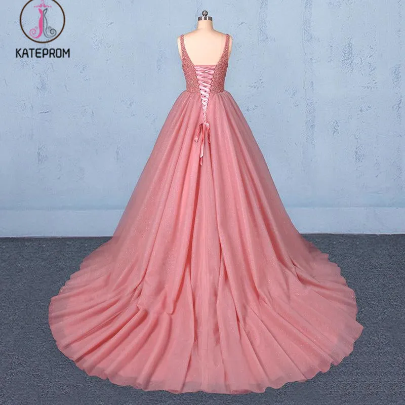Kateprom Ball Gown V Neck Tulle Prom Dress with Beads, Puffy Sleeveless Quinceanera Dresses KPP1087
