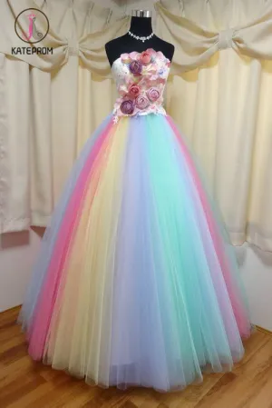 Kateprom Floor Length Strapless Ball Gown Party Dress, Unique Prom Dress with Flowers KPP1224