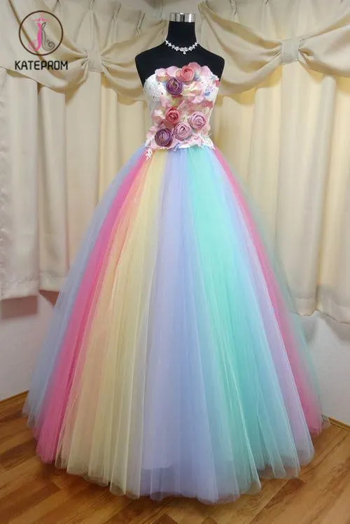 Kateprom Floor Length Strapless Ball Gown Party Dress, Unique Prom Dress with Flowers KPP1224