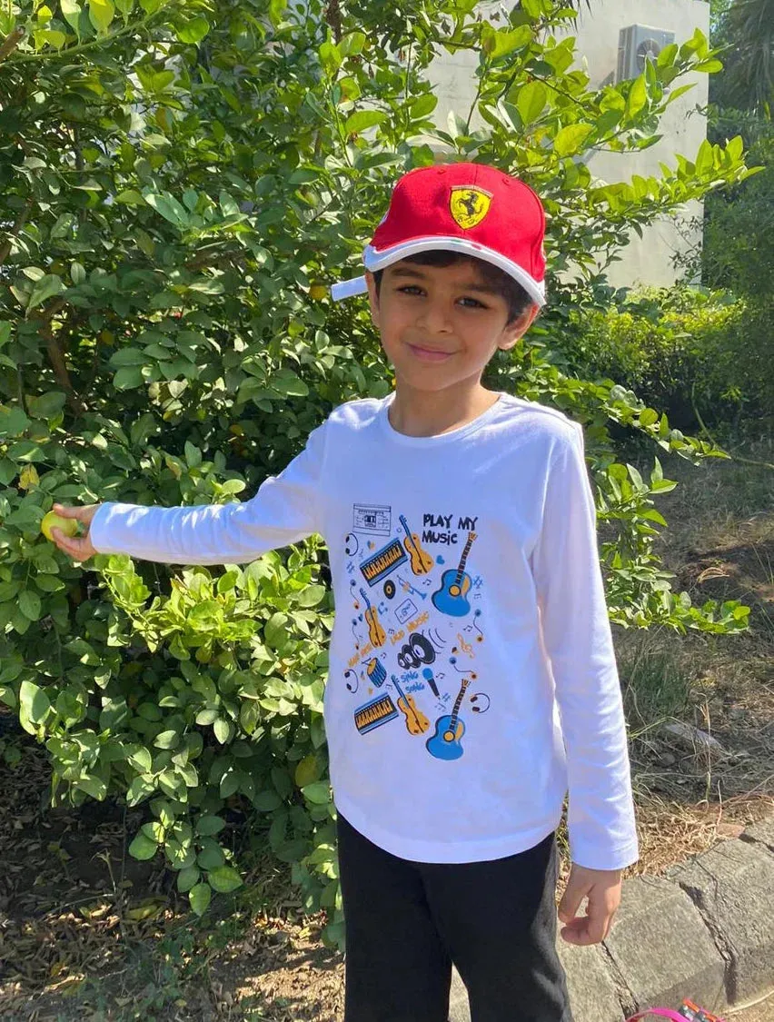 Kids White Music Printed Full Sleeves T-shirt
