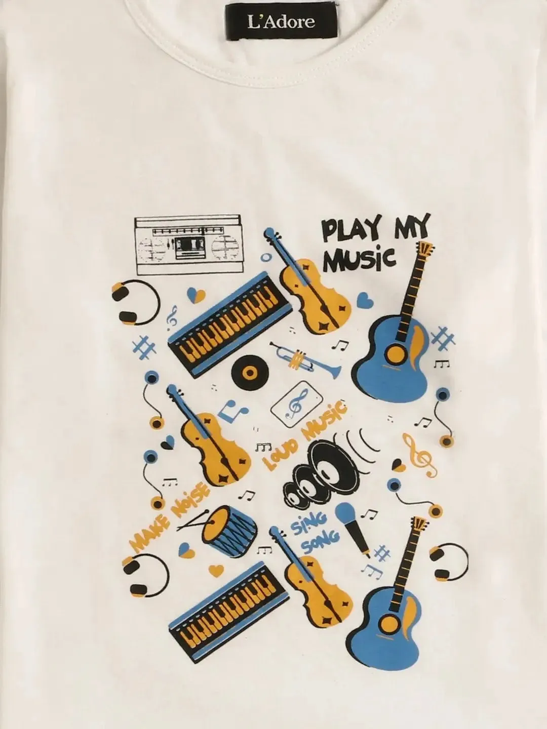 Kids White Music Printed Full Sleeves T-shirt