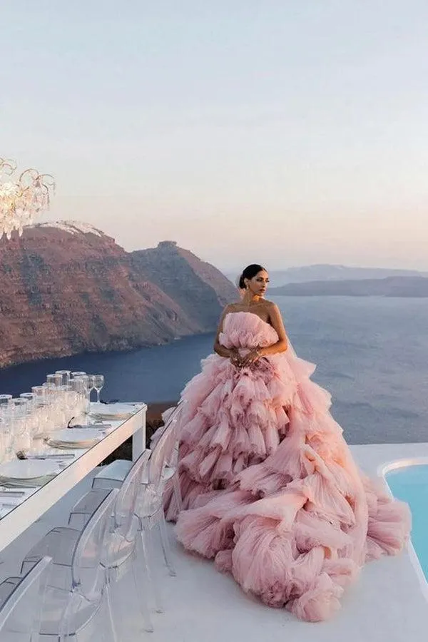 Layers Tulle Ball Gown Wedding Dress Drama Pink Wedding Dress TN333