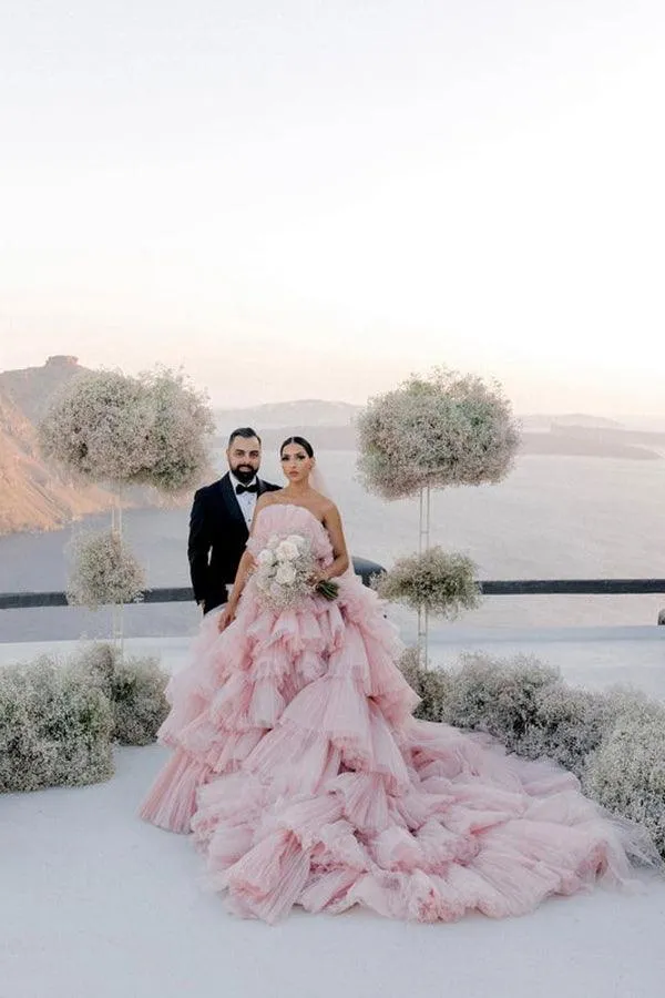 Layers Tulle Ball Gown Wedding Dress Drama Pink Wedding Dress TN333