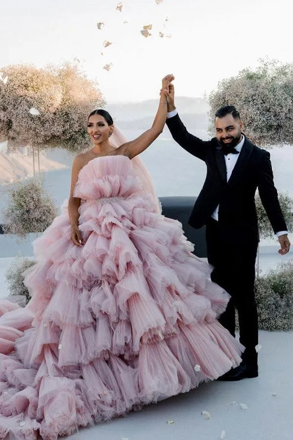 Layers Tulle Ball Gown Wedding Dress Drama Pink Wedding Dress TN333