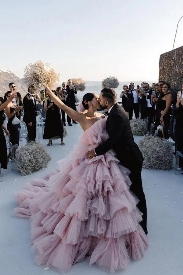 Layers Tulle Ball Gown Wedding Dress Drama Pink Wedding Dress TN333