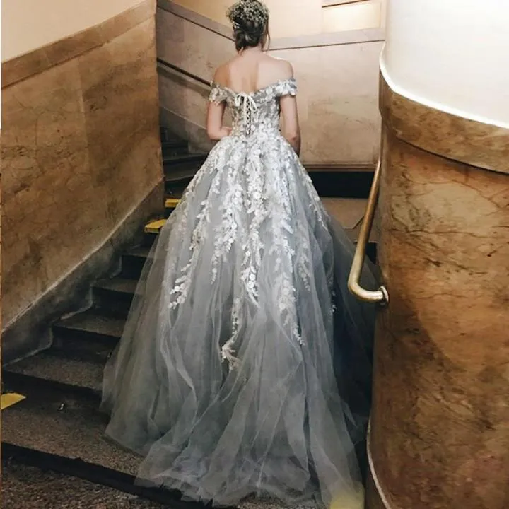Off the Shoulder Grey Tulle Applique Charming Cheap Long Ball Gown Prom Dress PFP0147