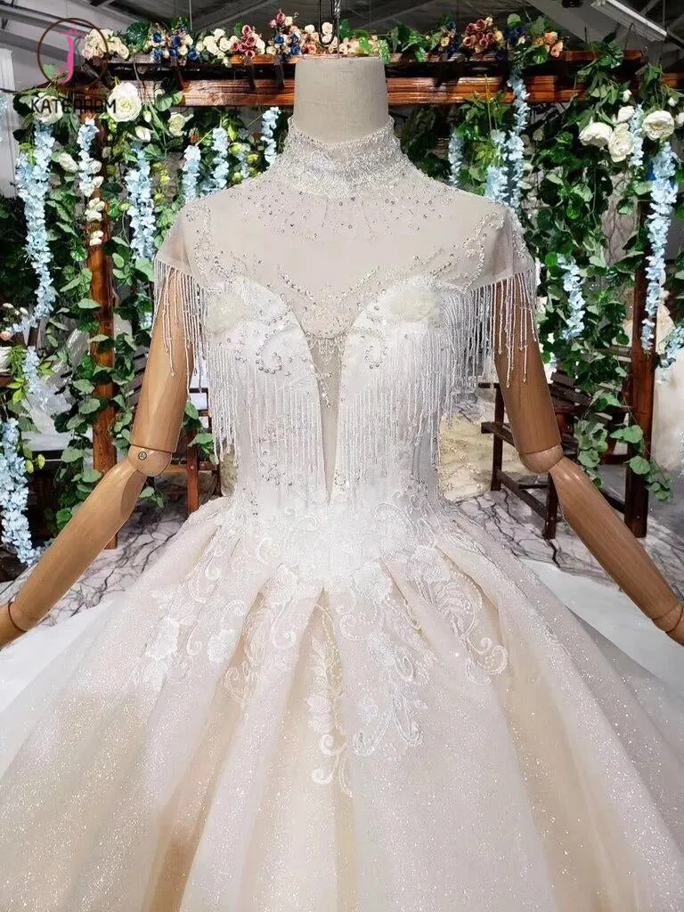 Off White High Neck Ball Gown Wedding Dresses, Open Back Beaded Bridal Dresses KPW0337