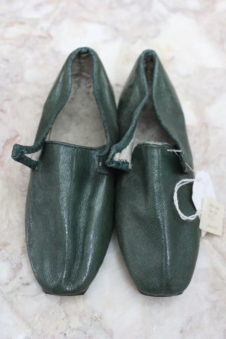 Pair Childs Hand Made Green Leather Shoes