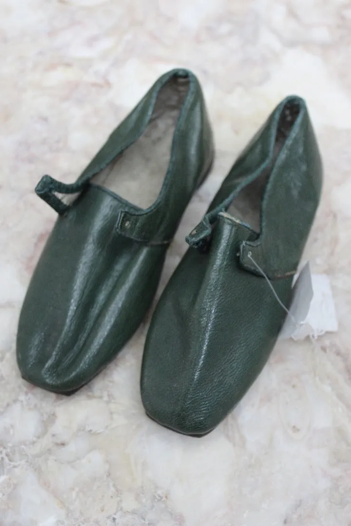 Pair Childs Hand Made Green Leather Shoes